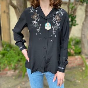 Vintage Color Embroidered Silk Long Sleeve Black Blouse